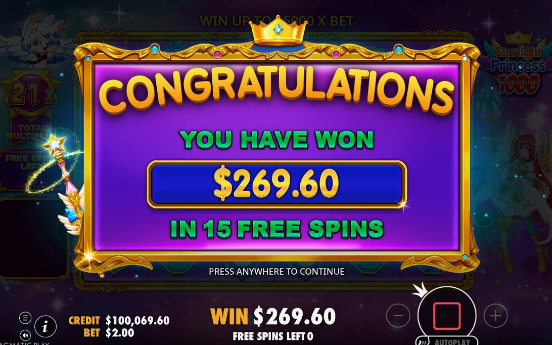 Win screen showing the total of a tumble sequence