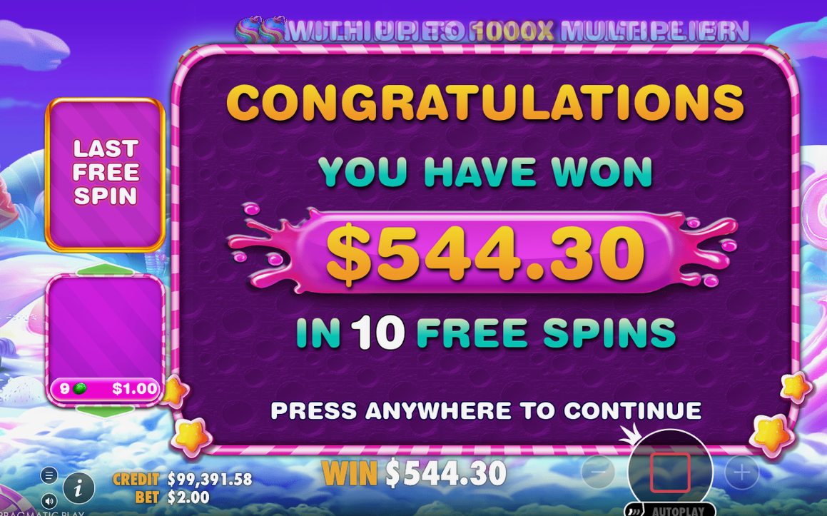 Win screen showing a paid cluster of matching candies